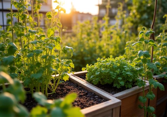 Ein üppiger urbaner Permakulturgarten auf einer Terrasse