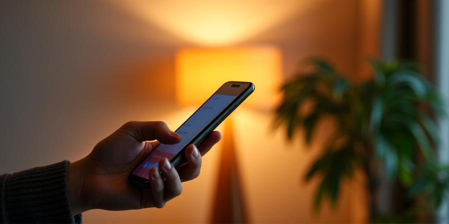Smartphone steuert warmes Licht in einer nachhaltigen Wohnung