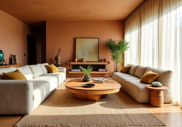 Modernes Wohnzimmer mit Lehmputz und rustikalem Holz